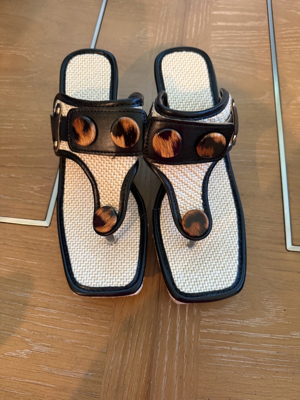 Woven Cream and Black Thong Sandals with Animal-Print Accents